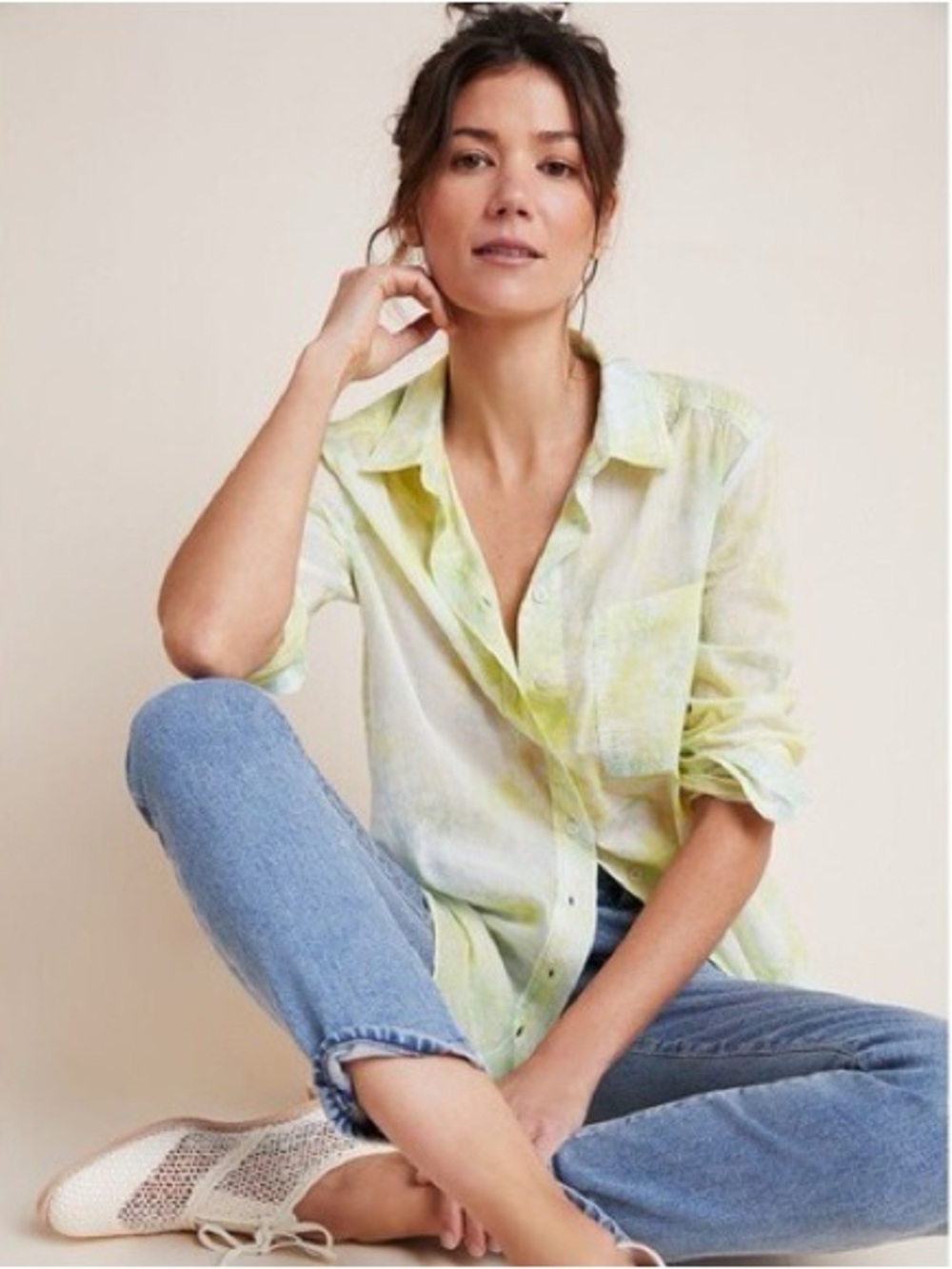 Anthropologie Pilcro Cate Pale Lime Tie-Dye Button-Down Shirt